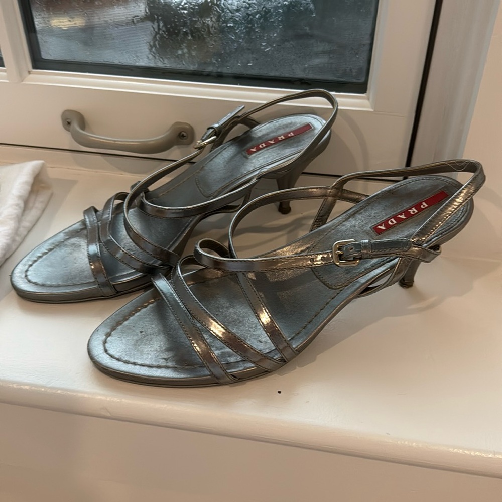 Prada Metallic Silver Strappy Heels - Size 38